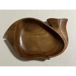 MCM Polished Monkey Pod Wood Whale Shaped Serving Nut Fruit Bowl Dish 12”